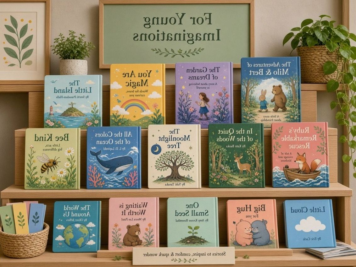 Kinderboeken met rustige kleuren in de winkel