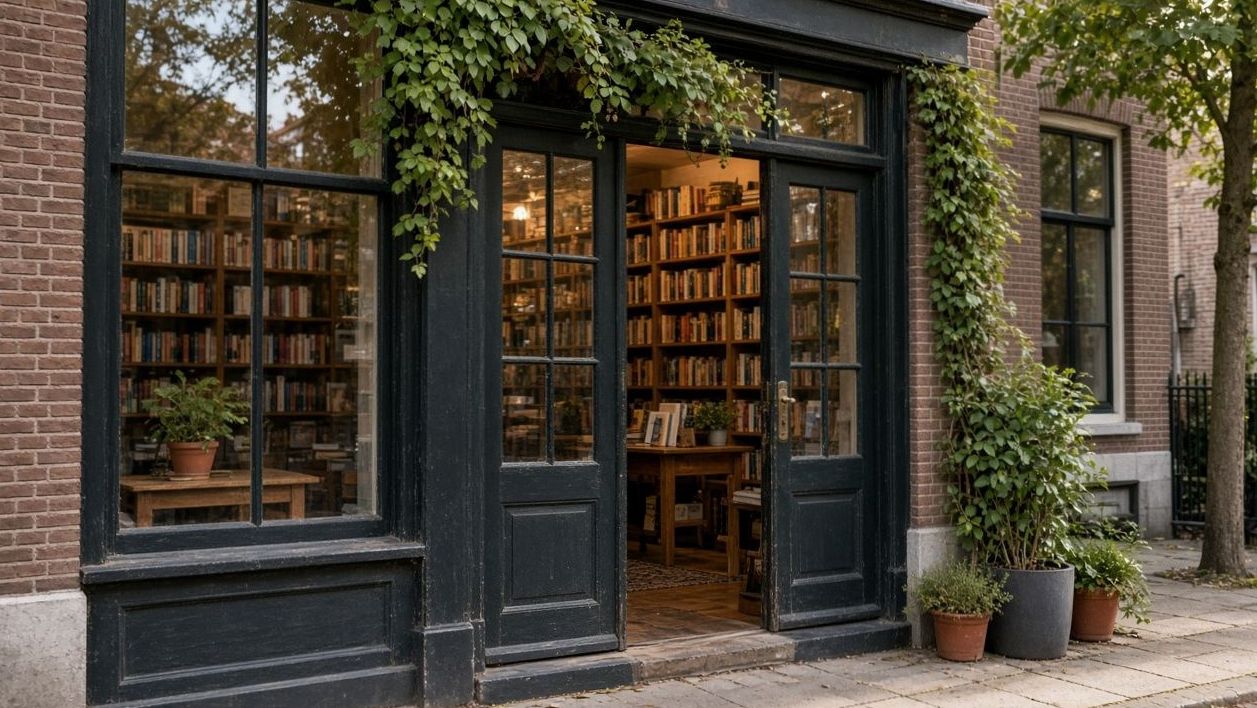 Ingang van de boekhandel aan Vrijburg 81 in Amsterdam