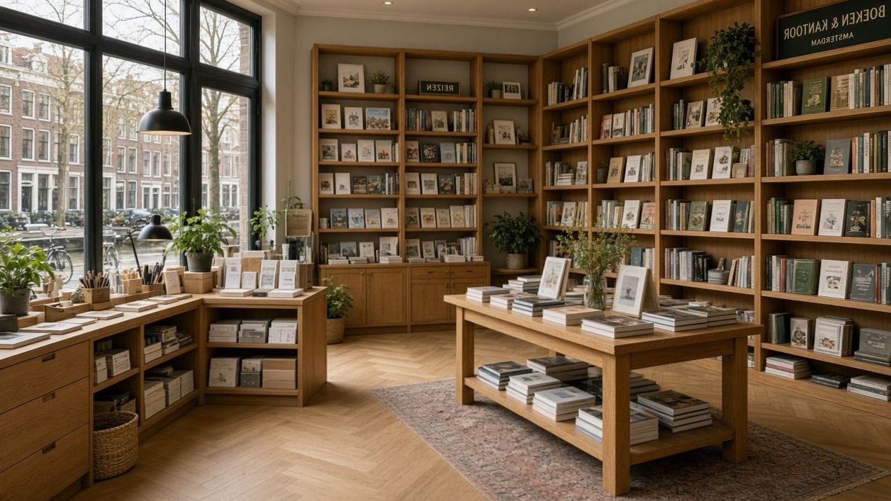 Overzicht van de boekhandel met planken en schrijfwaren
